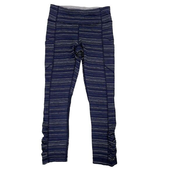 Lululemon Cropped Leggings‎ 4 Black White Print Ruched Mesh Calves Side Pockets - Picture 1 of 9